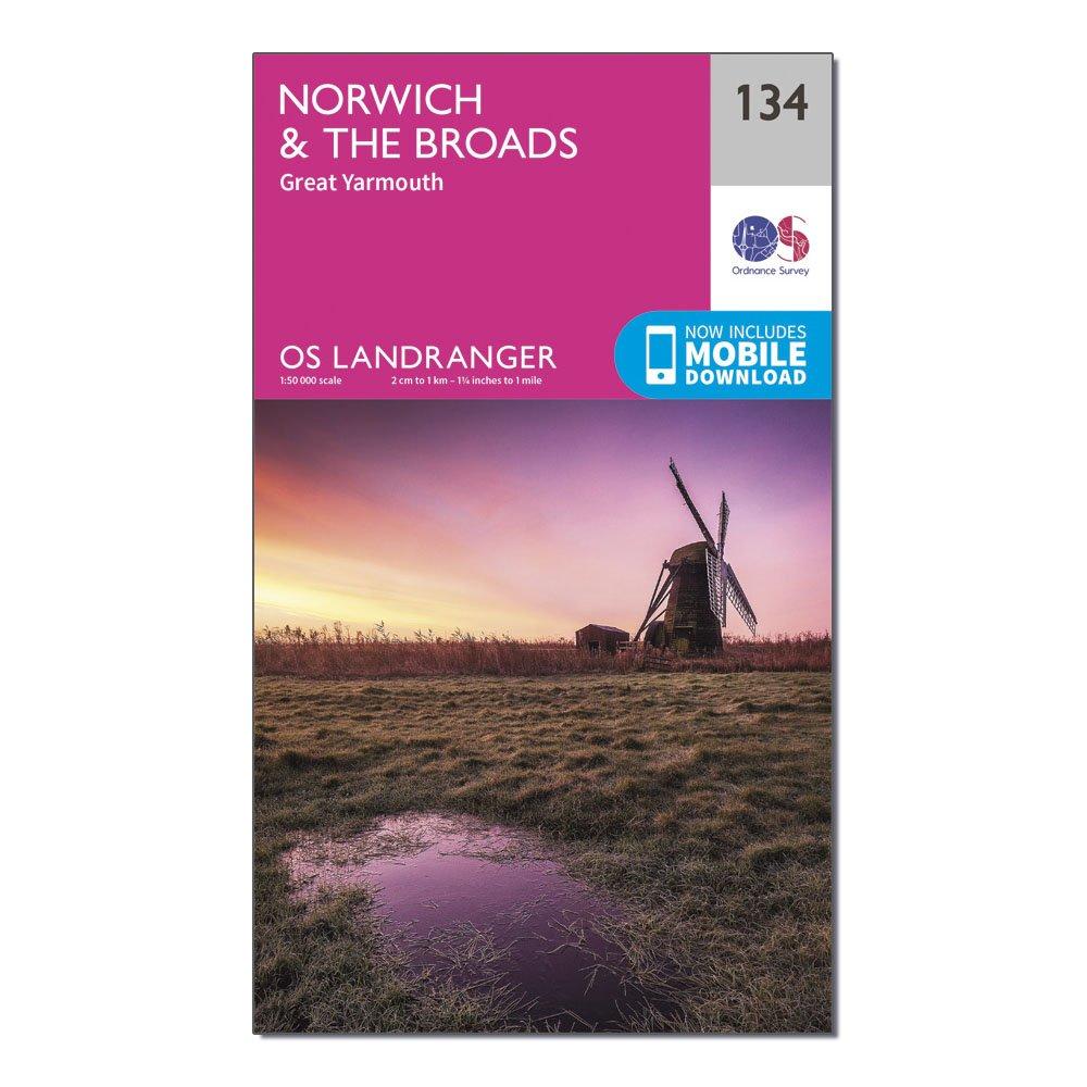 Image of Landranger 134 Norwich and The Broads Great Yarmouth Map With Digital Version Pink