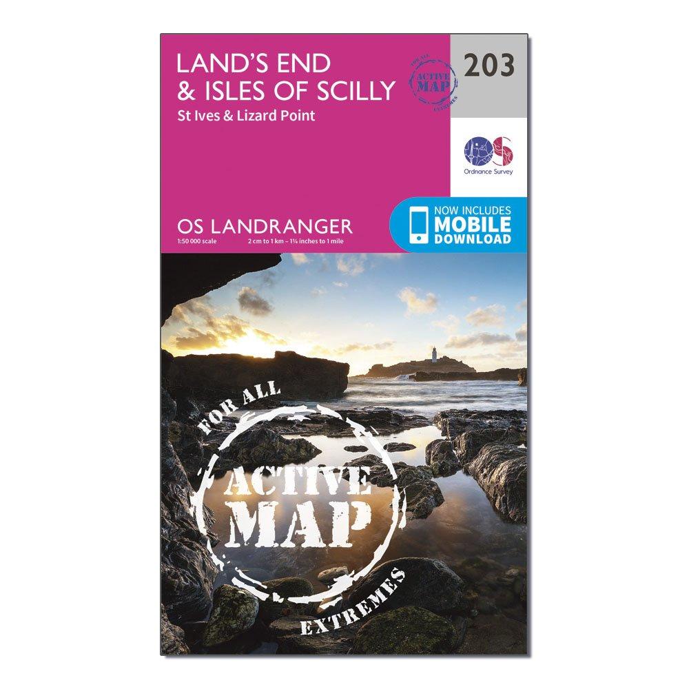 Image of Landranger Active 203 Lands End Isles of Scilly St Ives and Lizard Point Map With Digital Version Pink