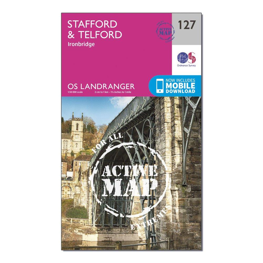 Image of Landranger Active 127 Stafford and Telford Ironbridge Map With Digital Version Pink