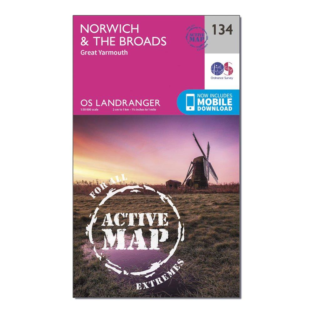 Image of Landranger Active 134 Norwich and The Broads Great Yarmouth Map With Digital Version Pink