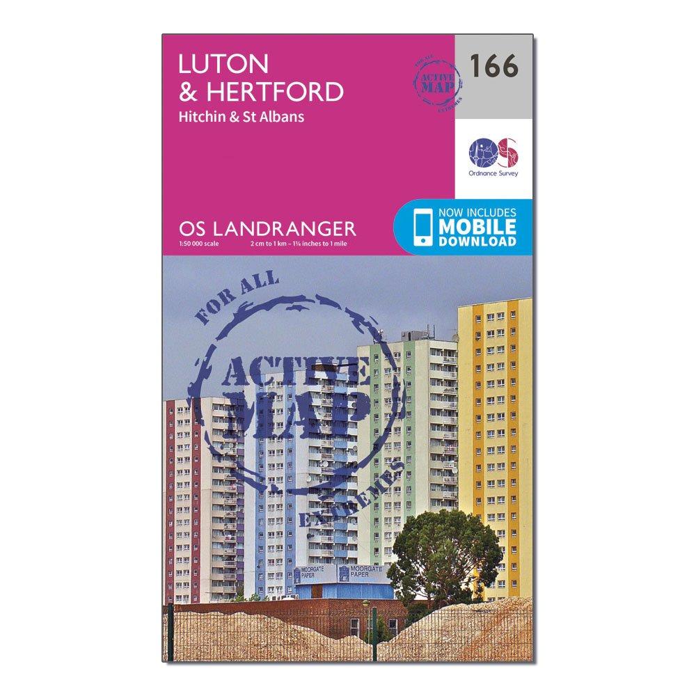 Image of Landranger Active 166 Luton Hertford Hitchin and St Albans Map With Digital Version Pink