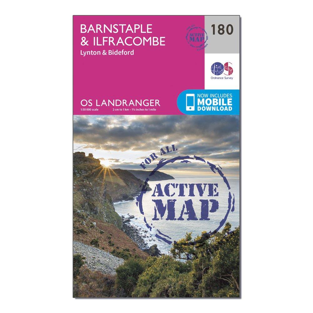 Image of Landranger Active 180 Barnstaple and Ilfracombe Lynton and Bideford Map With Digital Version Pink